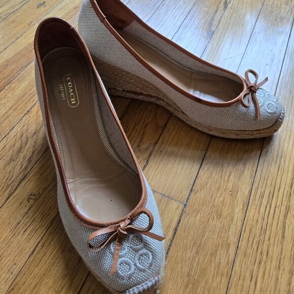 Coach Ireena Espadrilles Wedge Canvas Beige Monogram Bow Shoes Size 9 - Picture 3 of 14